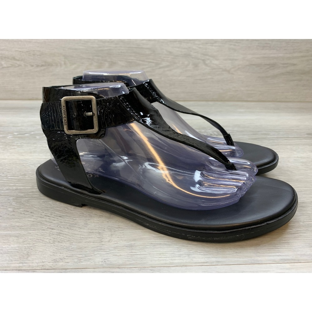 Kork-Ease Women's Black Patent Leather Thong Sandals Buckle Ankle Strap Flat 9